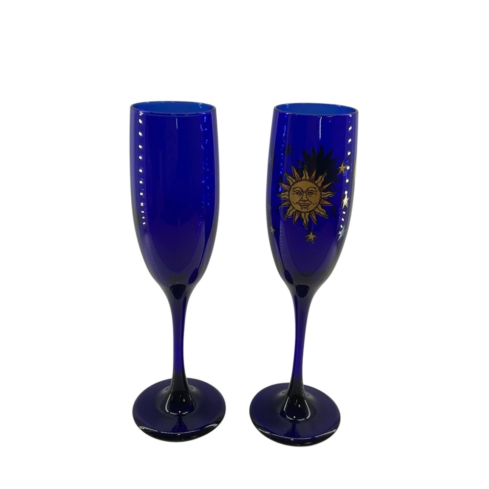 Vintage Libbey Cobalt Blue Champagne Flutes with Gold Sun Motif